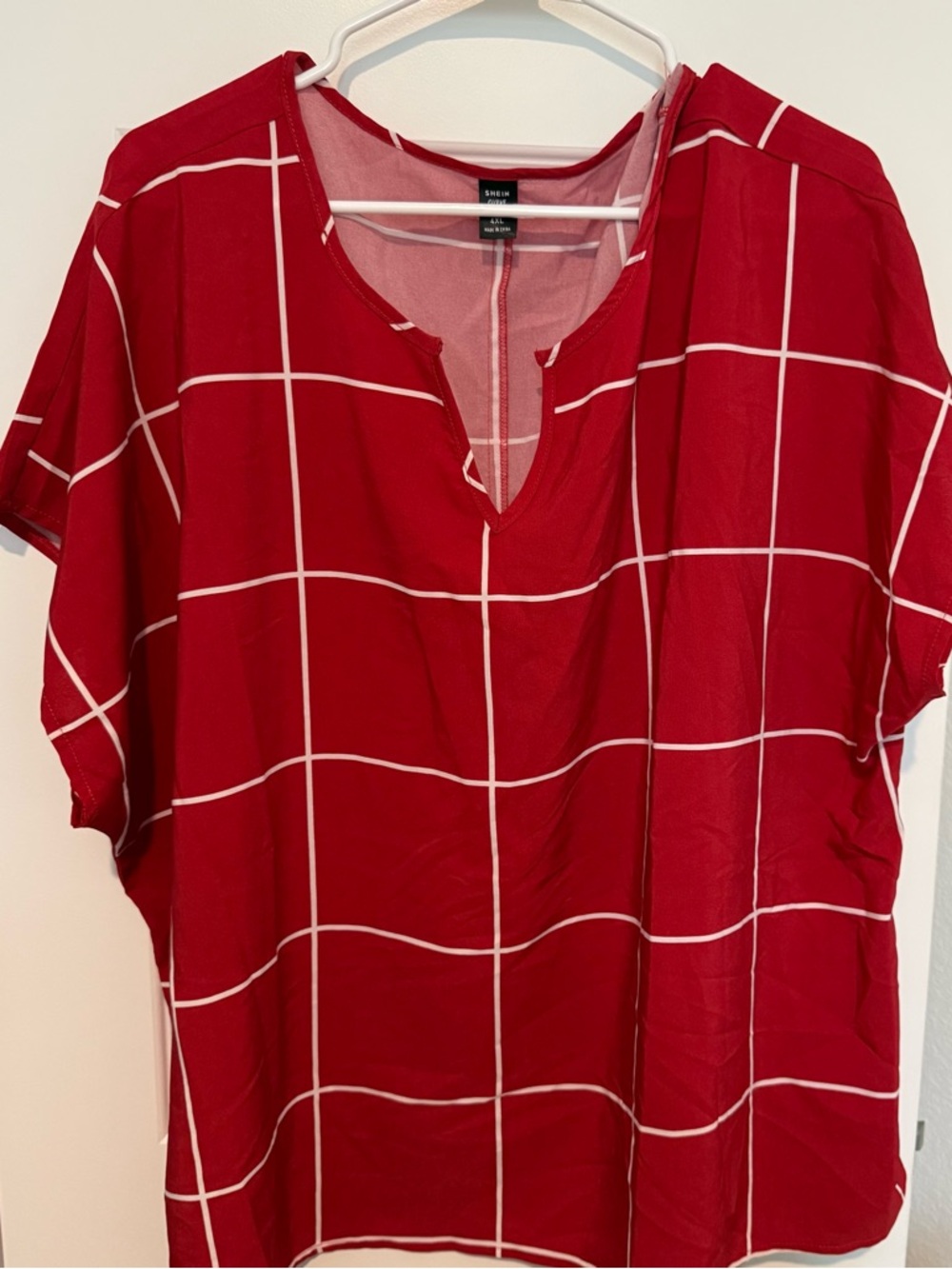 SHEIN Curve Red Windowpane Split Neck Blouse Size 4X - Picture 2 of 4